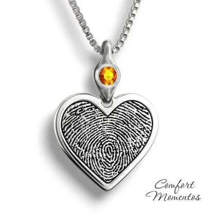 Silver heart necklace with a black fingerprint engraved, with a gemstone urn