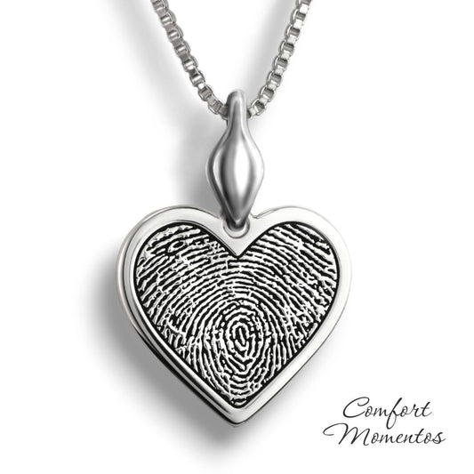 Silver heart necklace with a black fingerprint engraved, with a plain urn