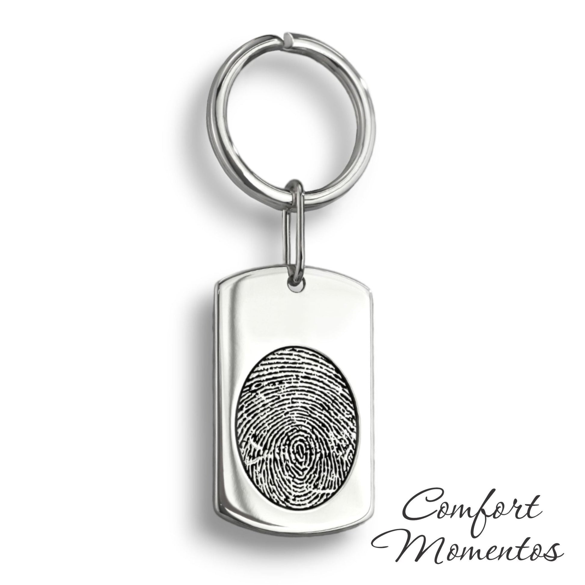 Silver dog tag keychain with a black fingerprint engraved, on a round split key ring