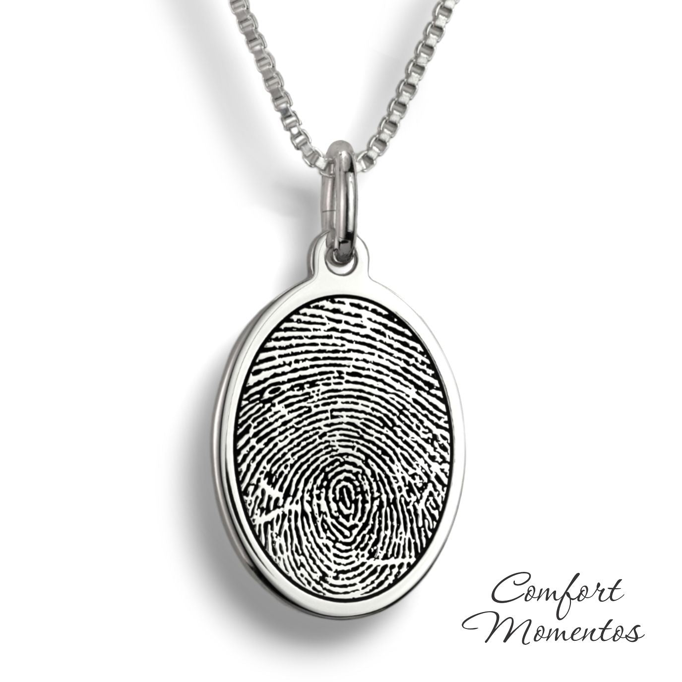 Silver oval necklace with a black fingerprint engraved