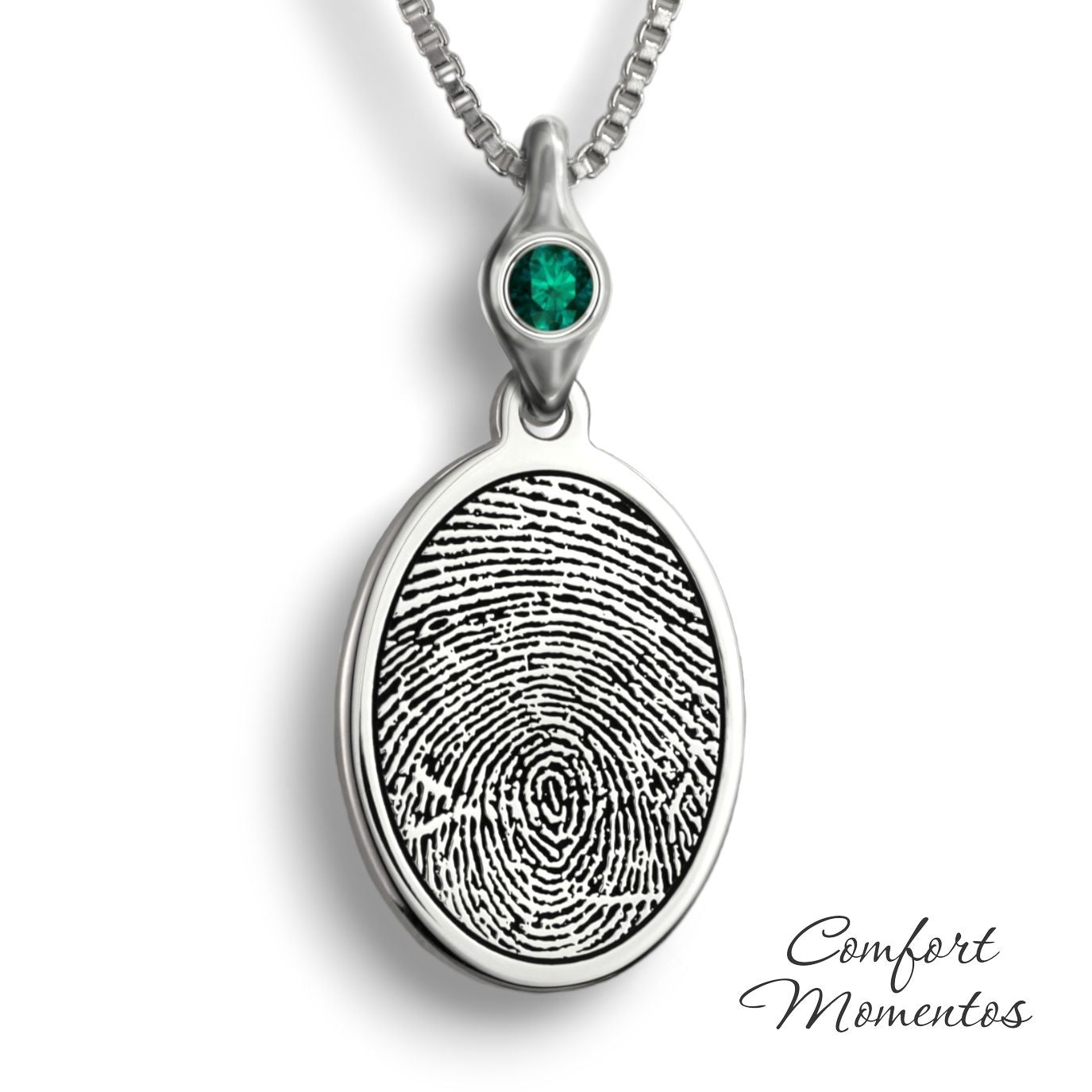 Silver oval necklace with a black fingerprint engraved, with a gemstone urn
