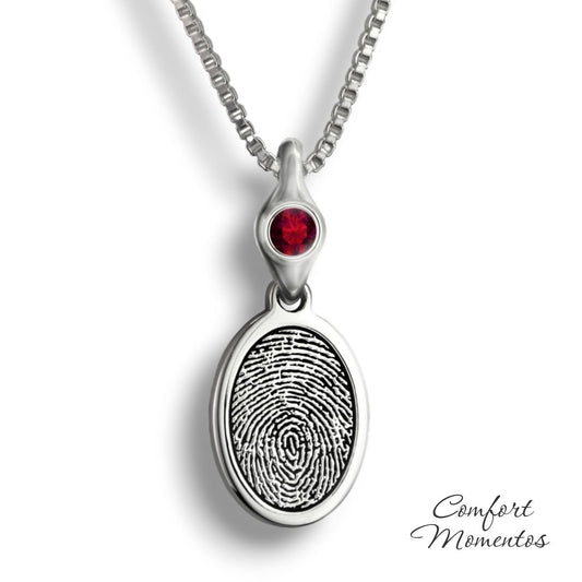 Small silver oval necklace with a black fingerprint engraved, with a gemstone urn