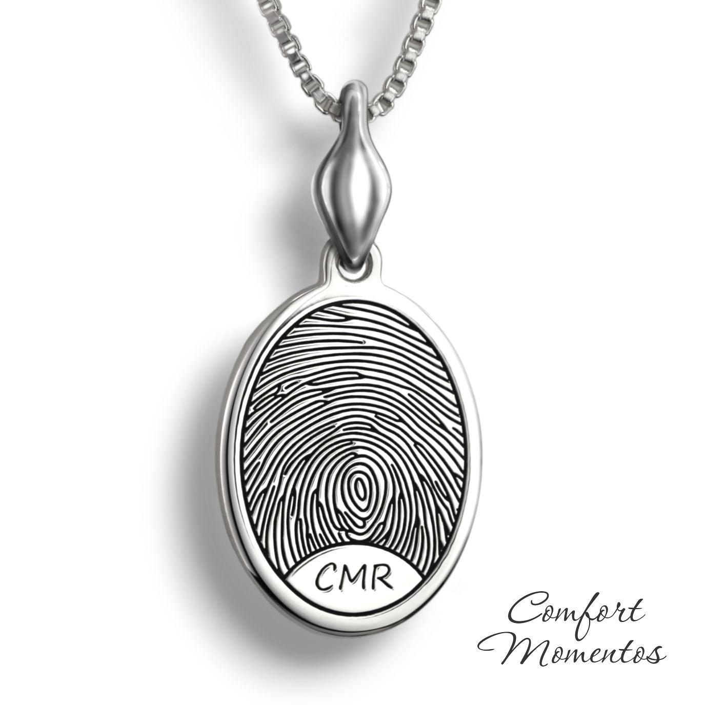 Silver oval necklace with a black fingerprint and initials engraved, with a plain urn
