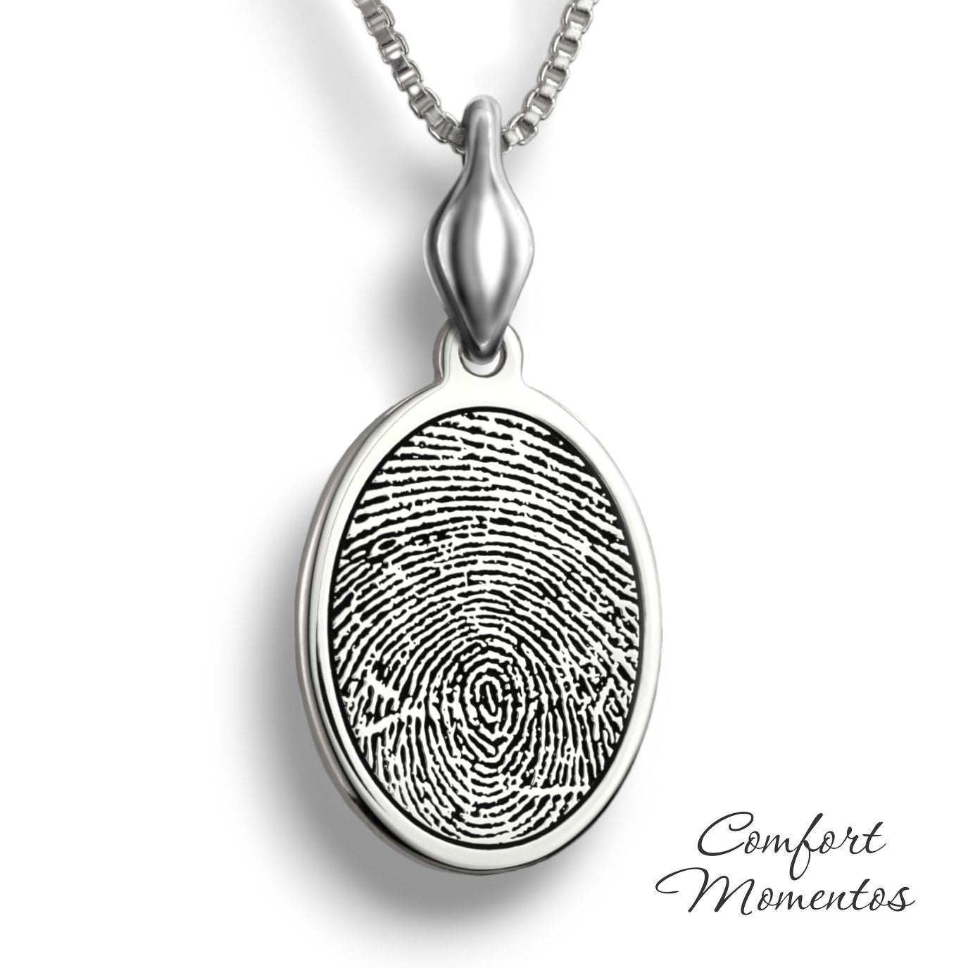 Silver oval necklace with a black fingerprint engraved, with a plain urn