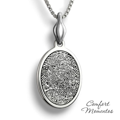 Silver oval necklace with a black fingerprint engraved, with a plain urn