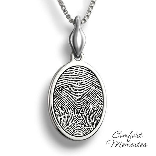 Silver oval necklace with a black fingerprint engraved, with a plain urn