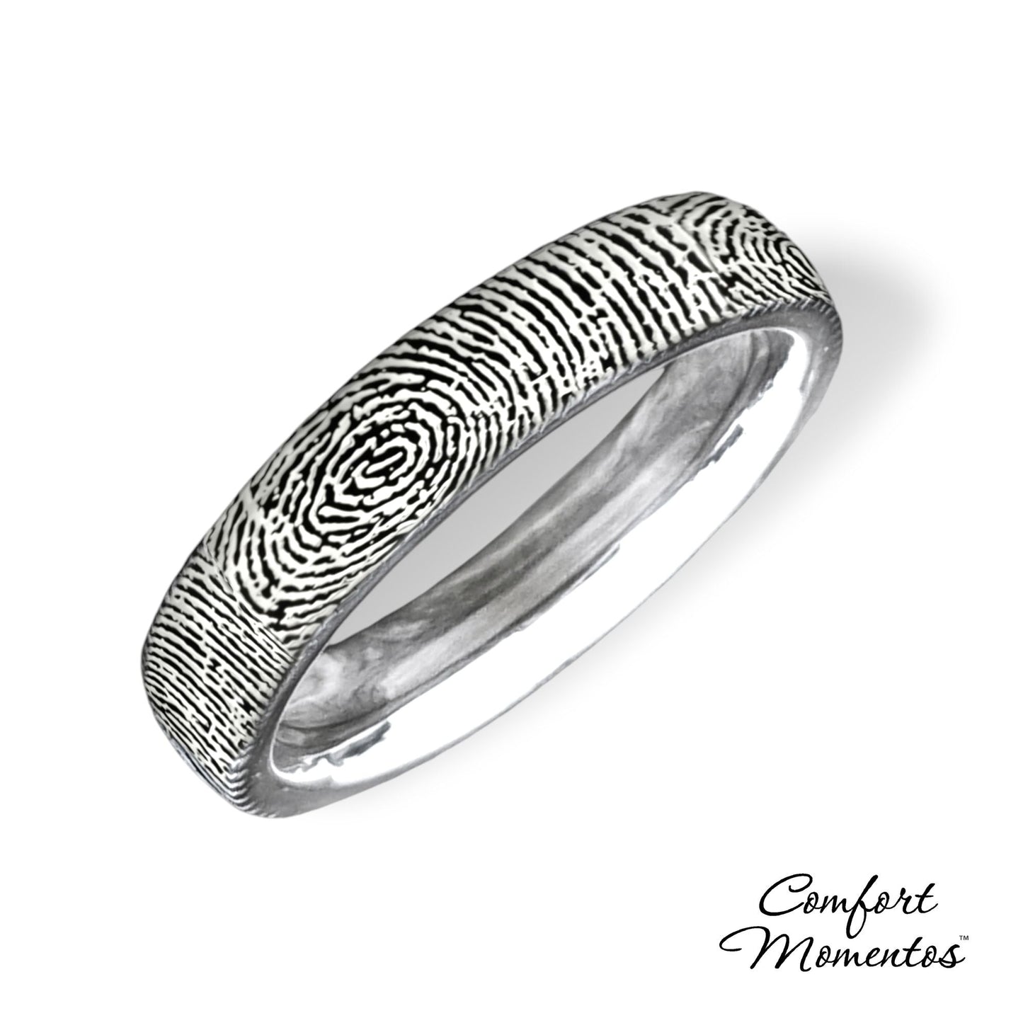 Silver ring with realistic black fingerprint engraving, rounded fit