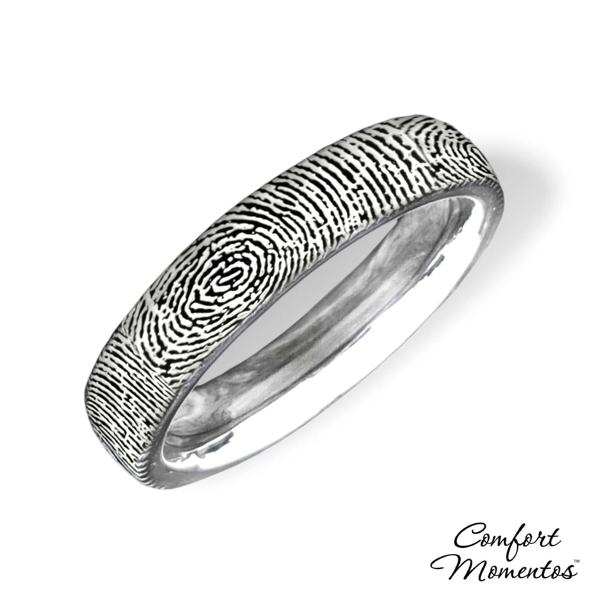 Silver ring with realistic black fingerprint engraving, rounded fit