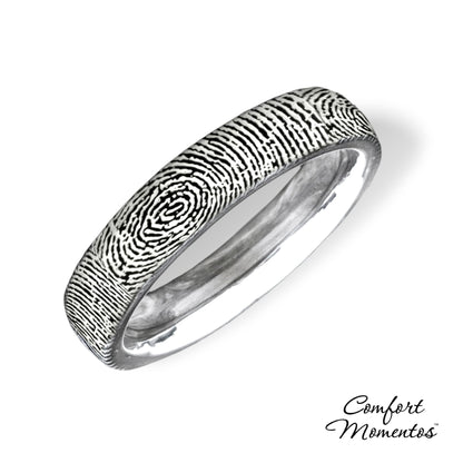 Silver ring with realistic black fingerprint engraving, rounded fit