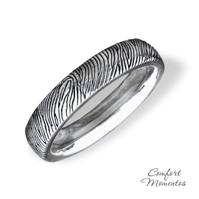 Silver ring with smooth black fingerprint engraving, rounded fit