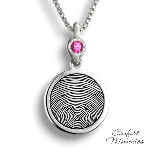 Silver round necklace with a black fingerprint engraved, with a gemstone urn