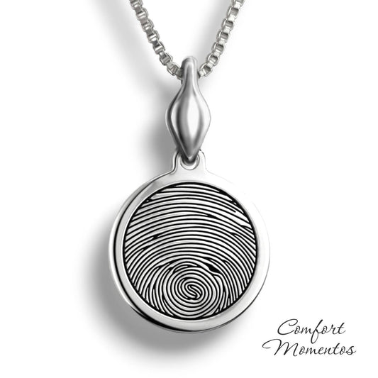 Silver round necklace with a black fingerprint engraved, with a plain urn