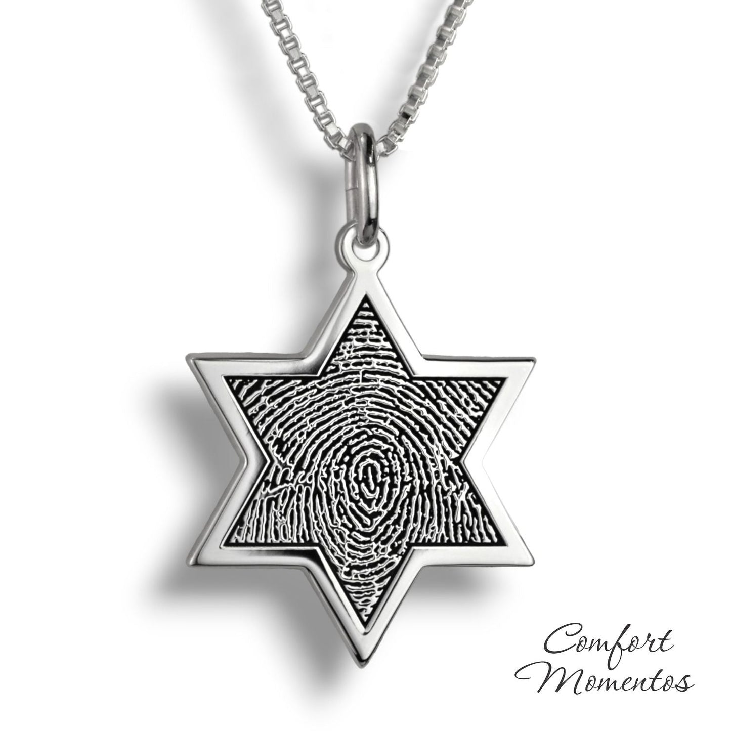 Silver star necklace with a black fingerprint engraved