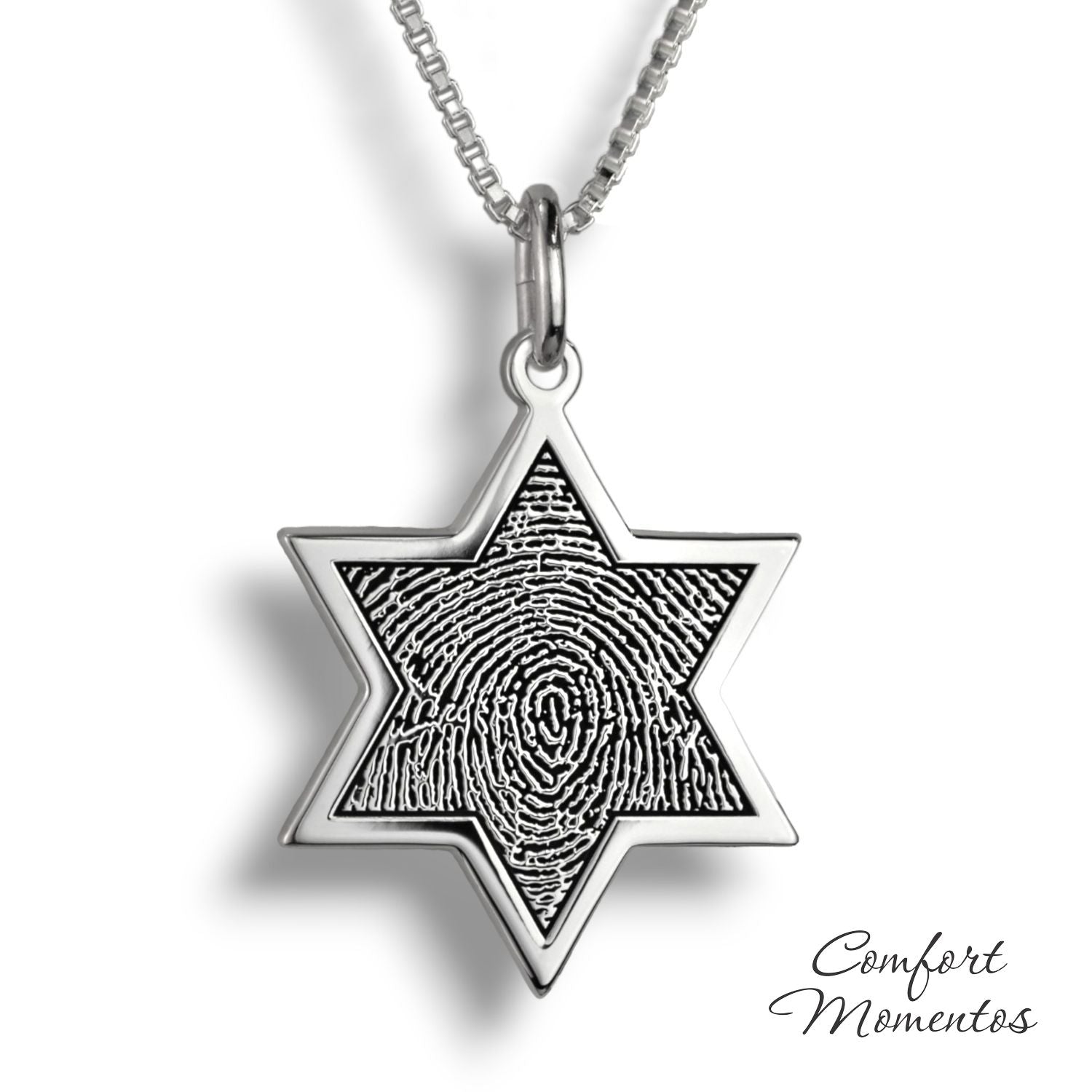 Silver star necklace with a black fingerprint engraved