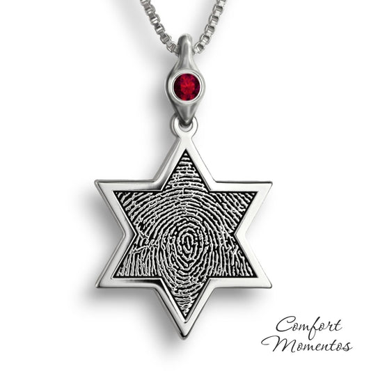 Silver star necklace with a black fingerprint engraved, with a gemstone urn