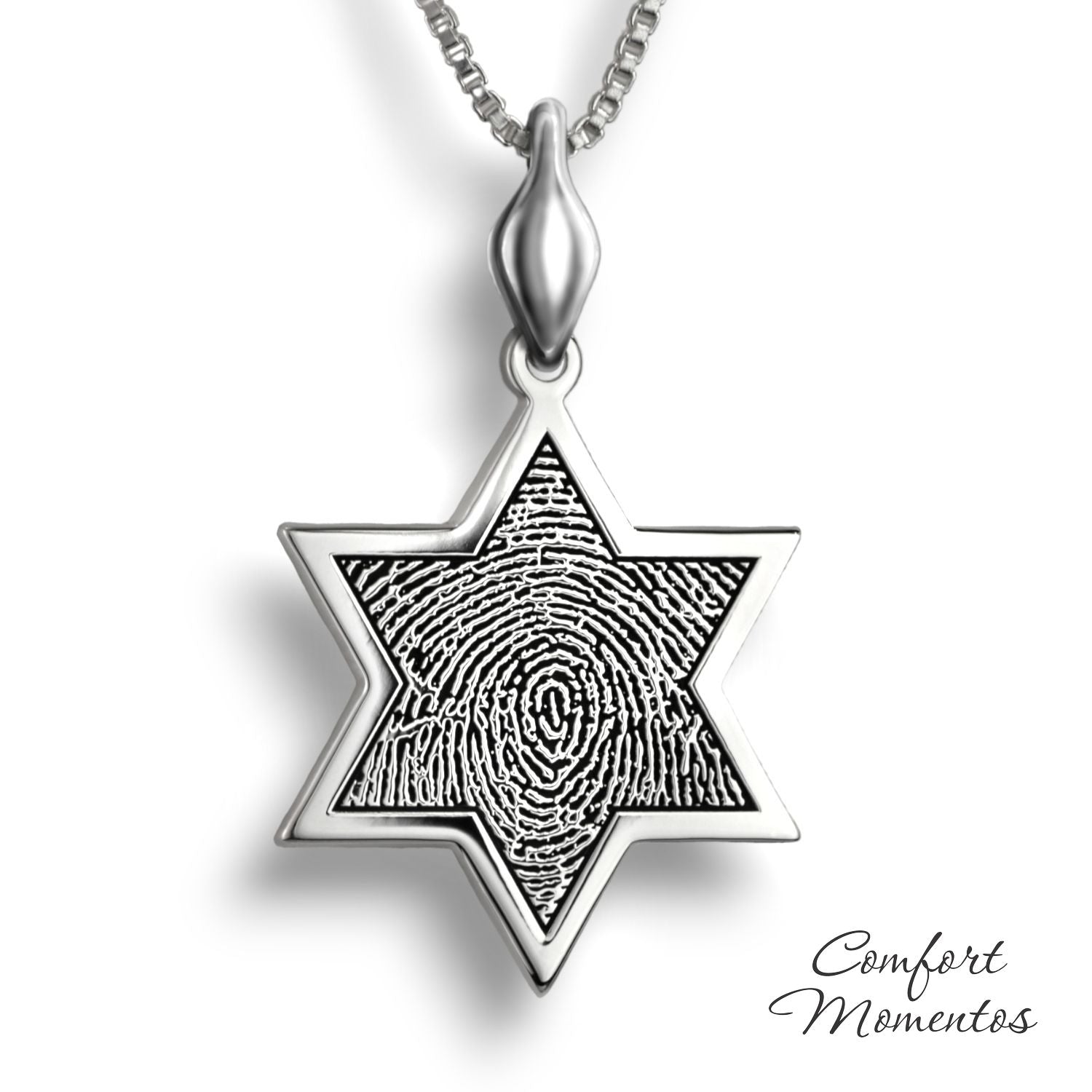 Silver star necklace with a black fingerprint engraved, with a plain urn