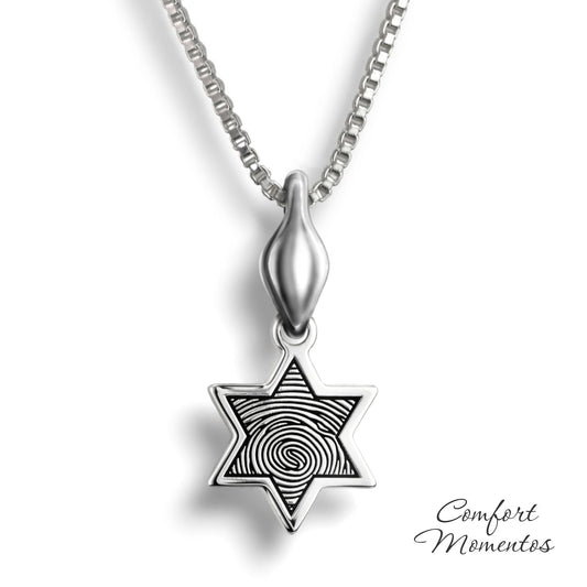 Small silver star necklace with a black fingerprint engraved, with a plain urn