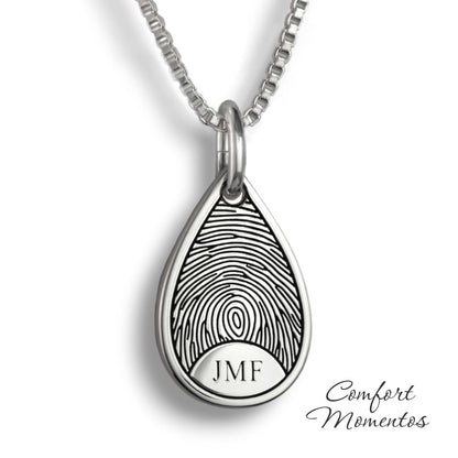 Silver teardrop necklace with a black fingerprint and initials engraved