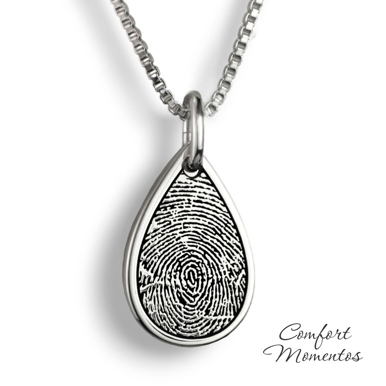 Silver teardrop necklace with a black fingerprint engraved