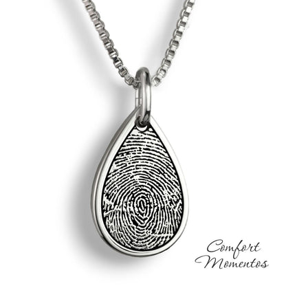 Silver teardrop necklace with a black fingerprint engraved