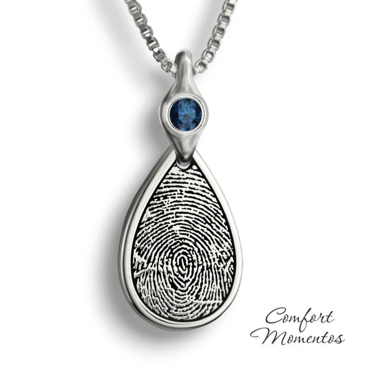 Silver teardrop necklace with a black fingerprint engraved, with a gemstone urn