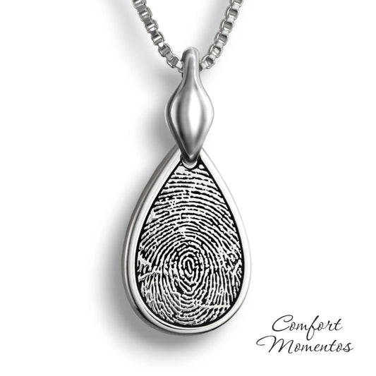 Silver teardrop necklace with a black fingerprint engraved, with a plain urn