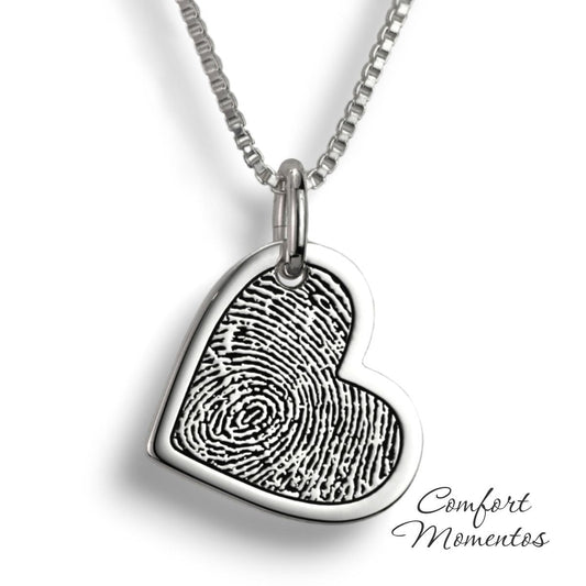 Silver tilted heart necklace with a black fingerprint engraved