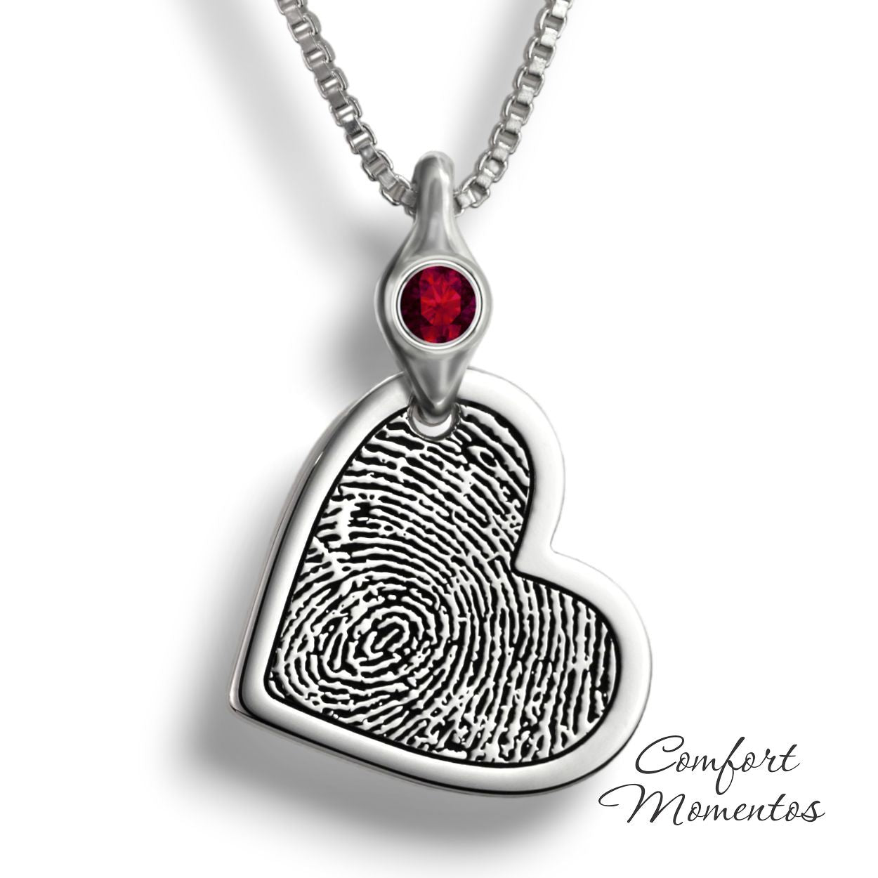 Silver tilted heart necklace with a black fingerprint engraved, with a gemstone urn