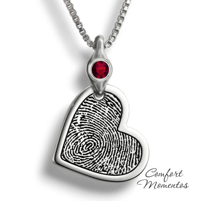 Silver tilted heart necklace with a black fingerprint engraved, with a gemstone urn