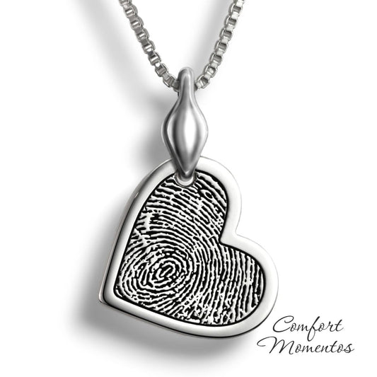 Silver tilted heart necklace with a black fingerprint engraved, with a plain urn