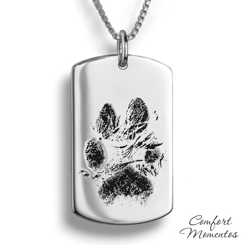 Large silver dog tag necklace with black pawprint engraving