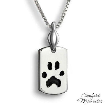 Small silver dog tag necklace with black pawprint engraving, with a plain urn