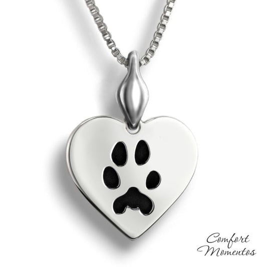 Silver heart necklace with black pawprint engraving, with a plain urn