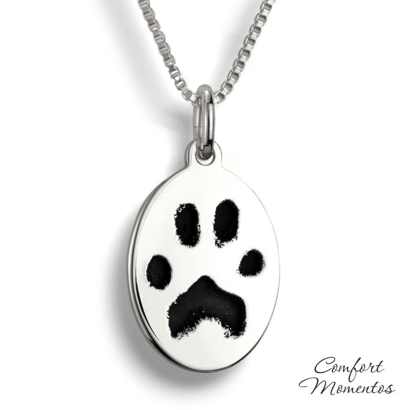 Silver oval necklace with black pawprint engraving