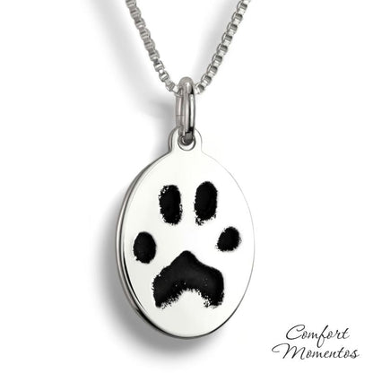 Silver oval necklace with black pawprint engraving