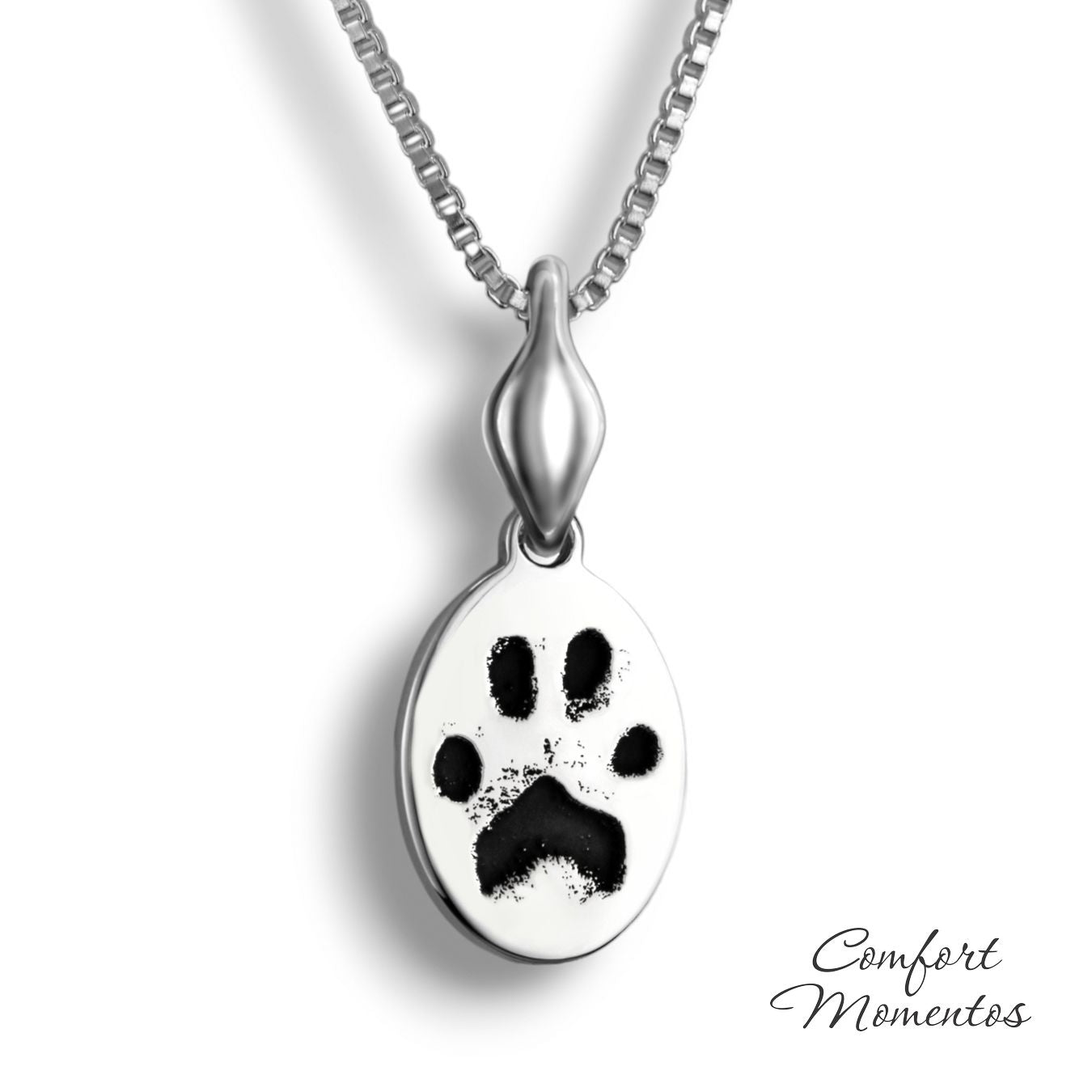 Small silver oval necklace with black pawprint engraving, with a plain urn