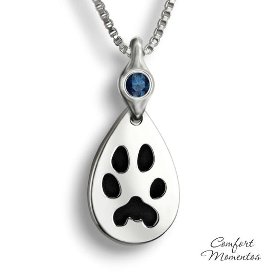 Silver teardrop necklace with black pawprint engraving, with a gemstone urn