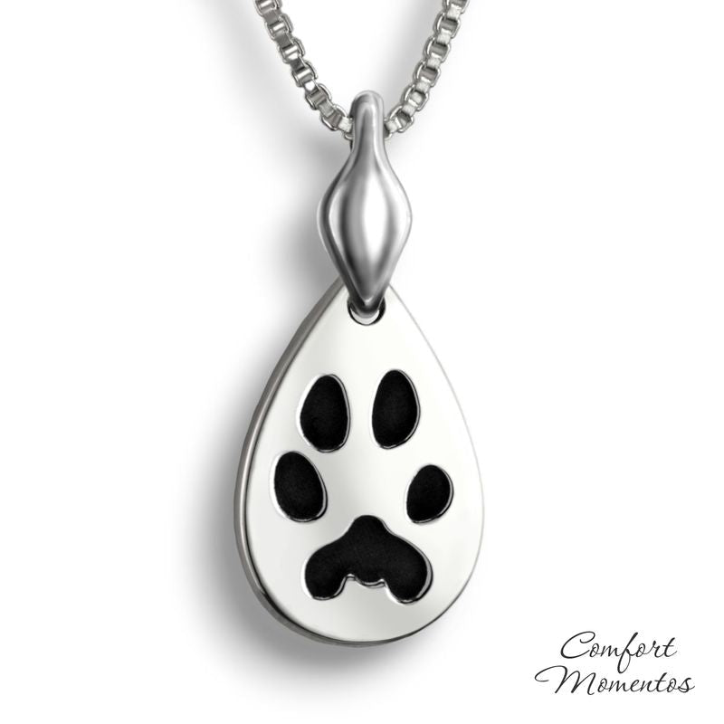 Silver teardrop necklace with black pawprint engraving, with a plain urn