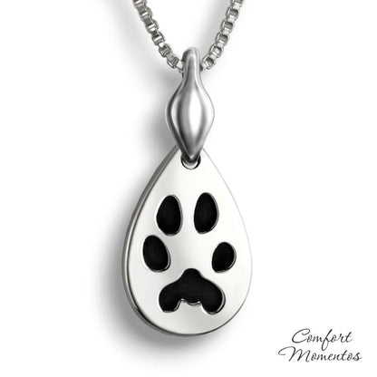 Silver teardrop necklace with black pawprint engraving, with a plain urn
