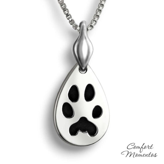 Silver teardrop necklace with black pawprint engraving, with a plain urn