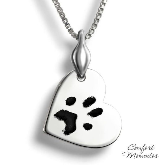 Silver tilted heart necklace with black pawprint engraving, with a plain urn